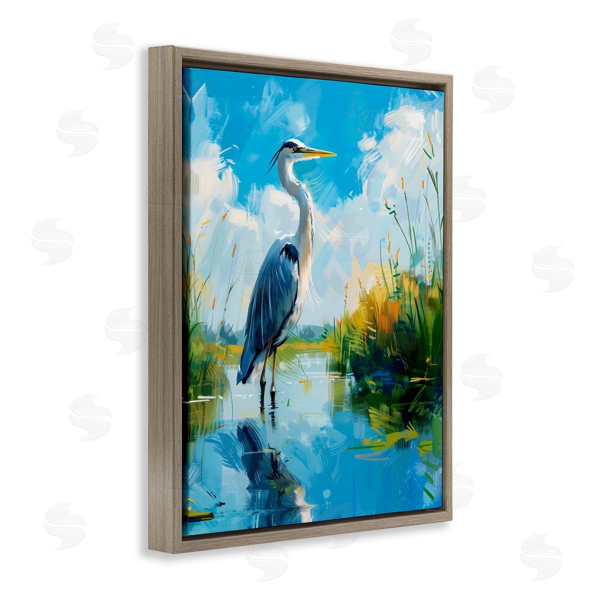 LSR Design Studio Blue Heron in Wetlands Brown Floating Frame Canvas Art Print