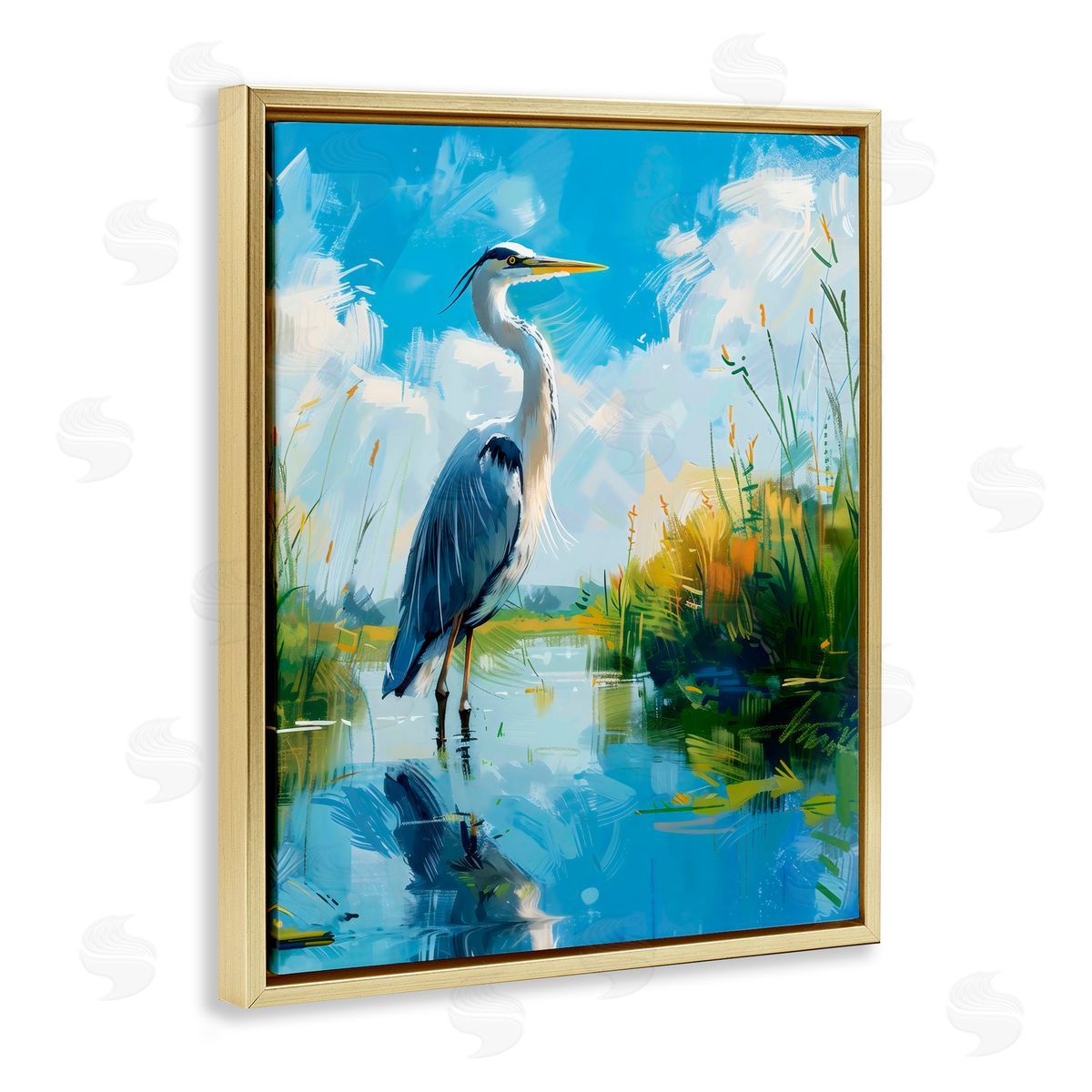 LSR Design Studio Blue Heron in Wetlands Gold Floating Frame Canvas Art Print