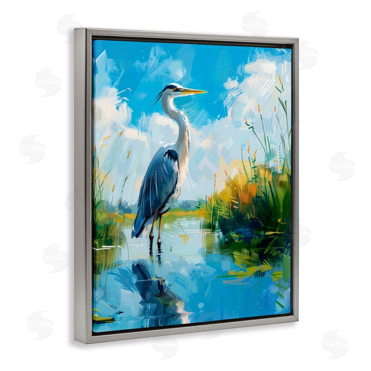 LSR Design Studio Blue Heron in Wetlands Gray Floating Frame Canvas Art Print
