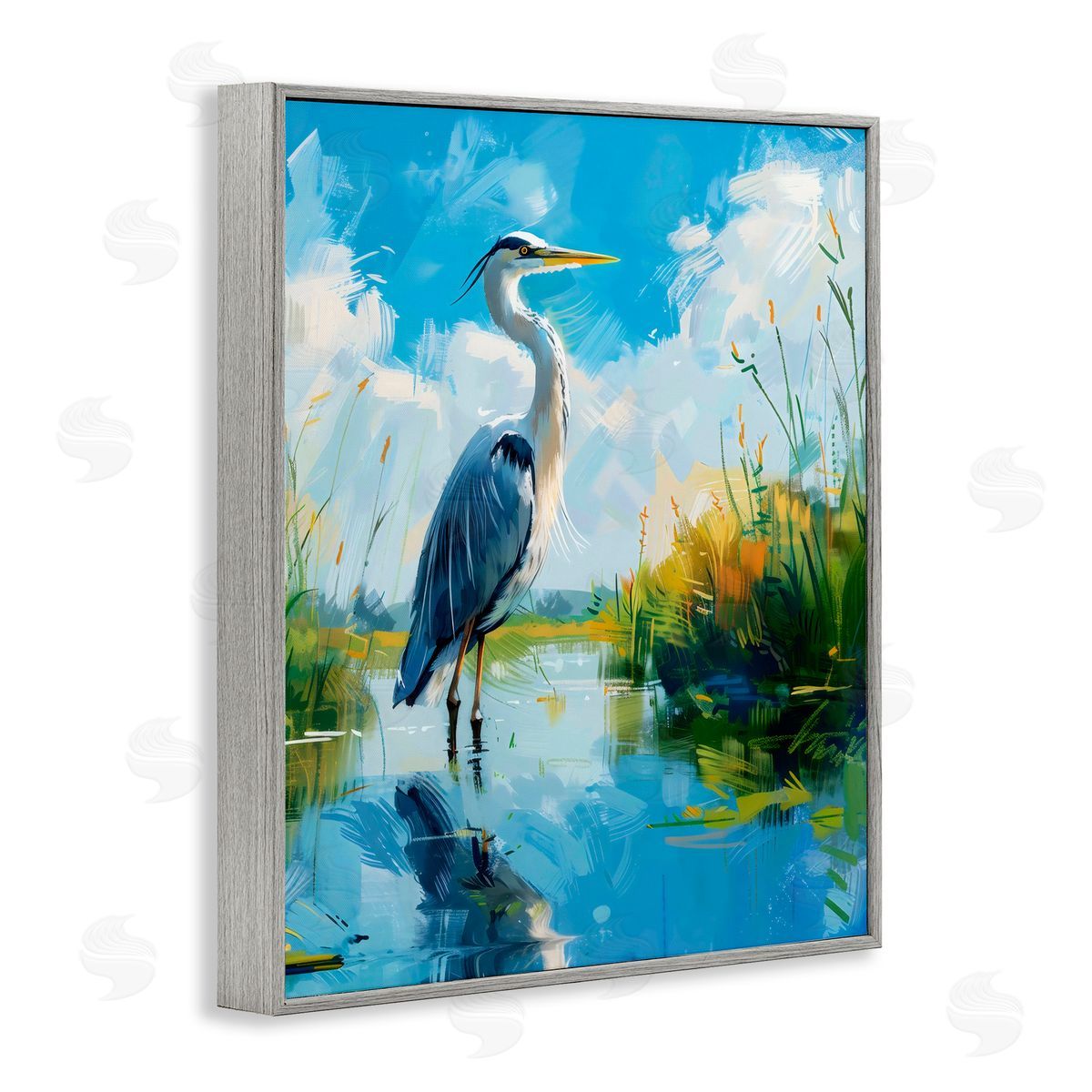 LSR Design Studio Blue Heron in Wetlands Gray Framed Giclee Art Print