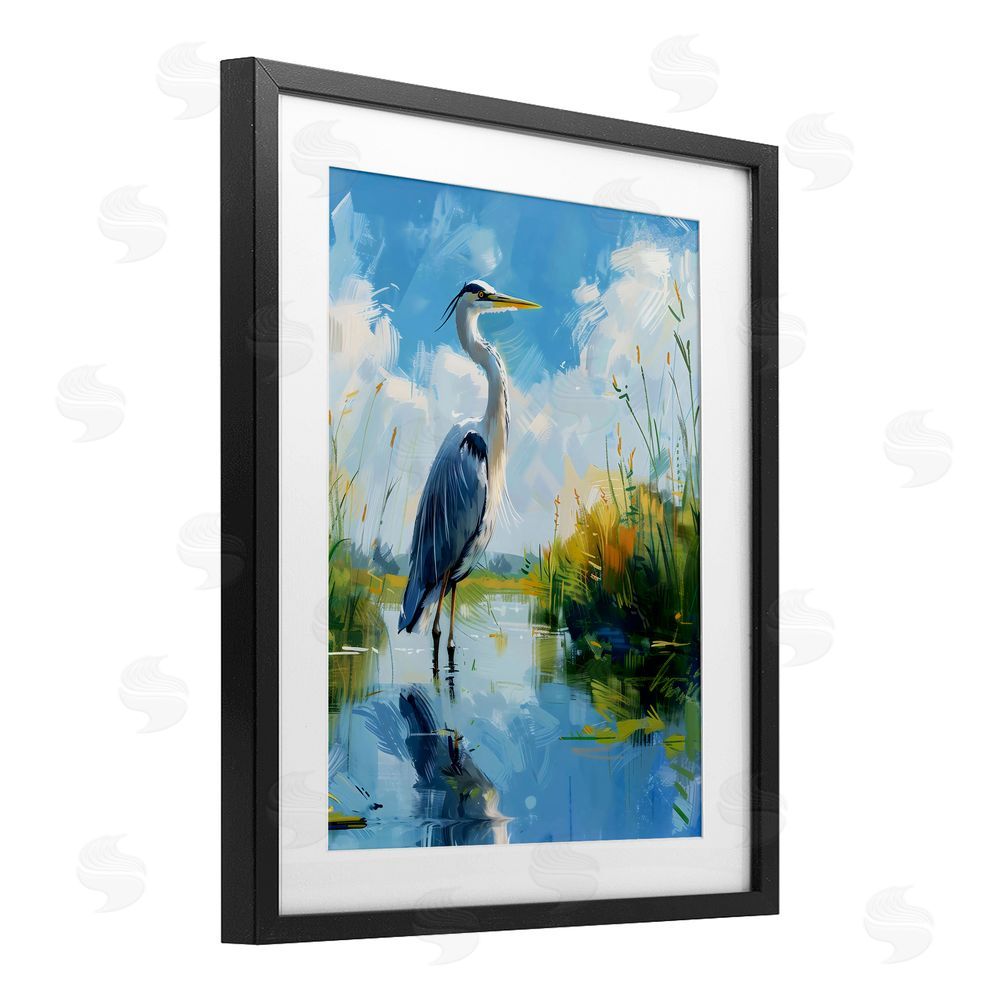 LSR Design Studio Blue Heron in Wetlands Black Framed Print Under Glass Art