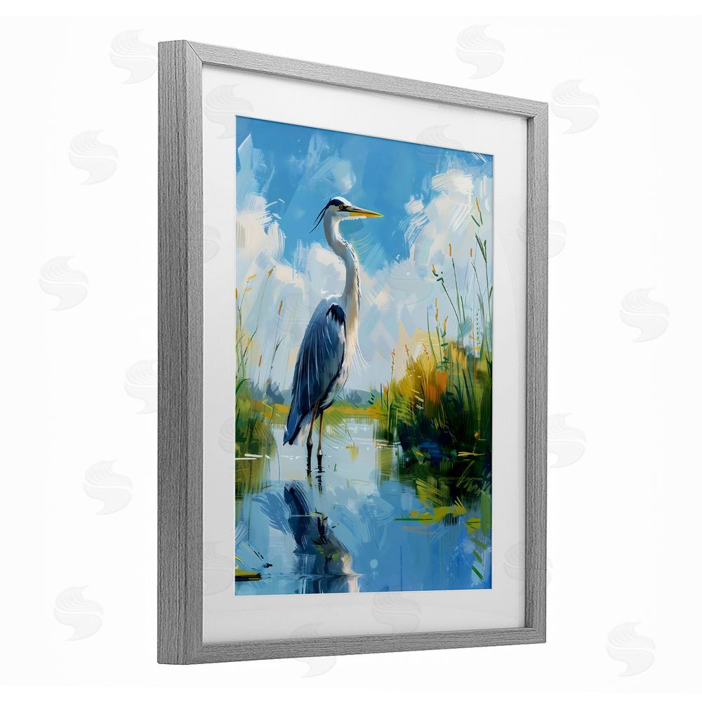 LSR Design Studio Blue Heron in Wetlands Gray Framed Print Under Glass Art