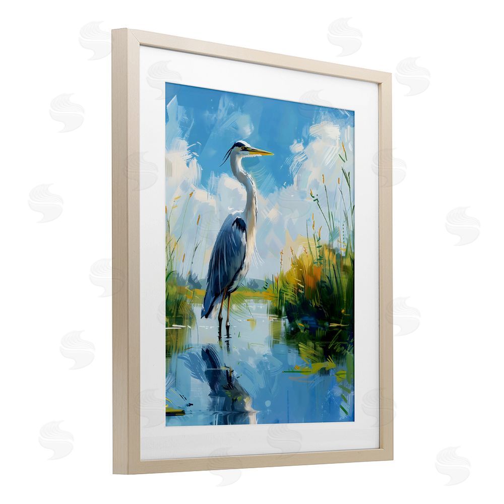 LSR Design Studio Blue Heron in Wetlands Birch Framed Print Under Glass Art