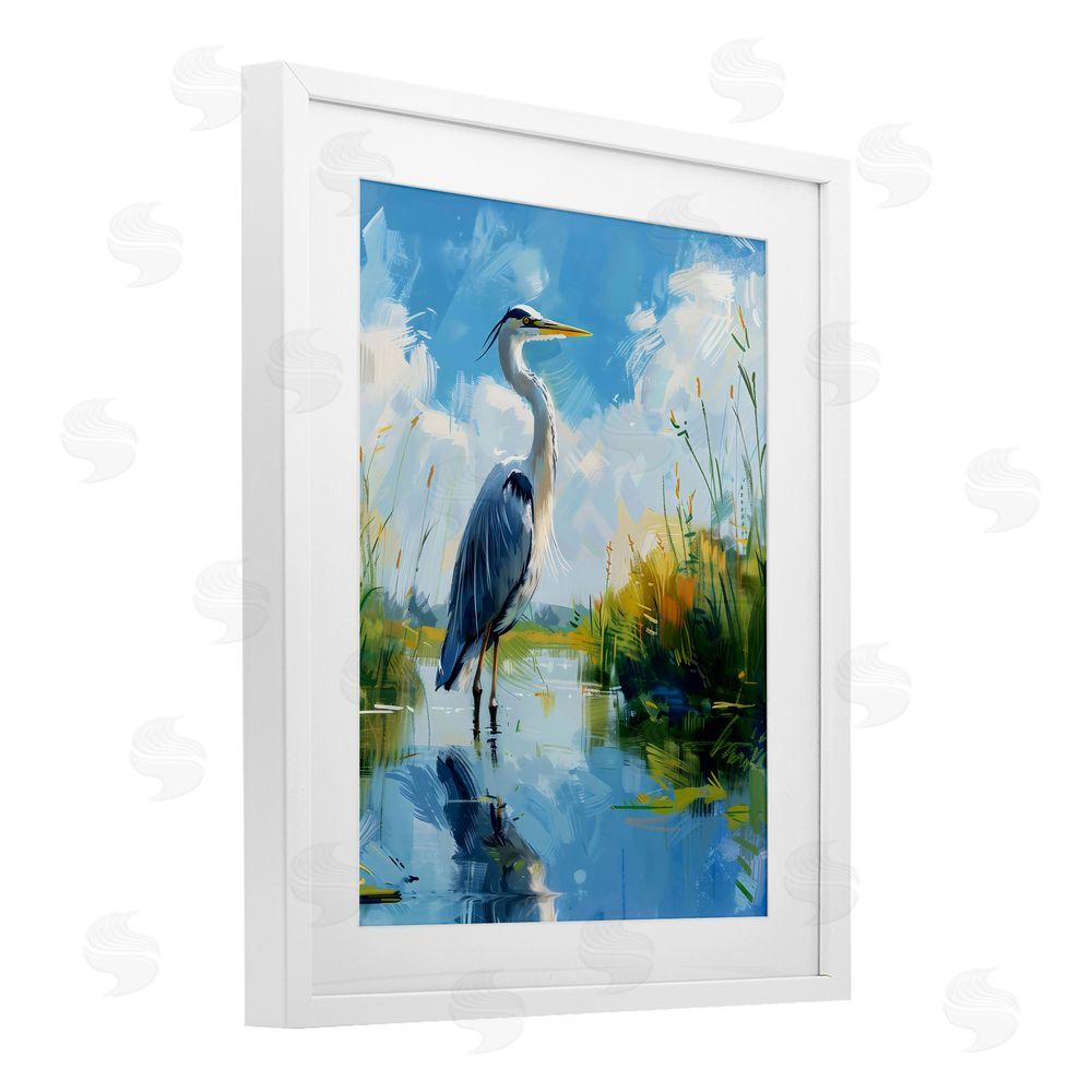 LSR Design Studio Blue Heron in Wetlands White Framed Print Under Glass Art