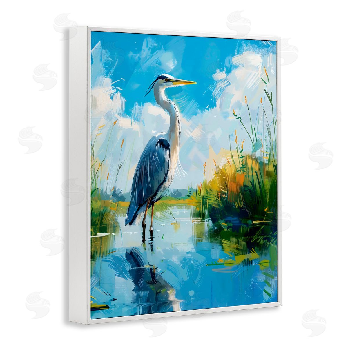 LSR Design Studio Blue Heron in Wetlands White Frame Giclee Art Print