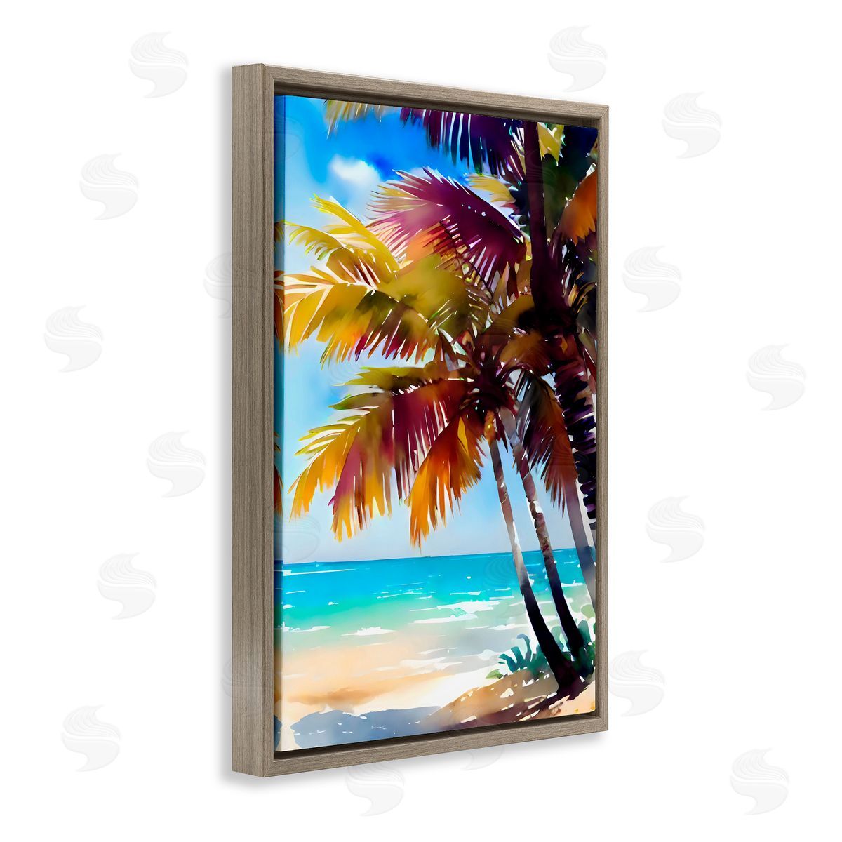 LSR Design Studio Shady Beach Palm Leaves Brown Floating Frame Canvas Art Print
