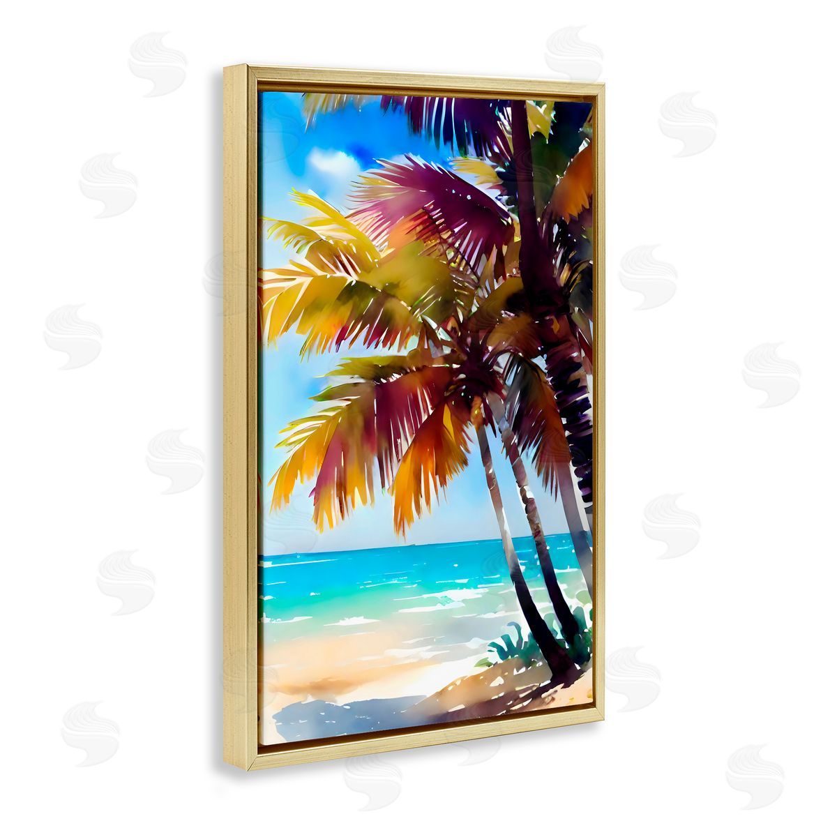 LSR Design Studio Shady Beach Palm Leaves Gold Floating Frame Canvas Art Print