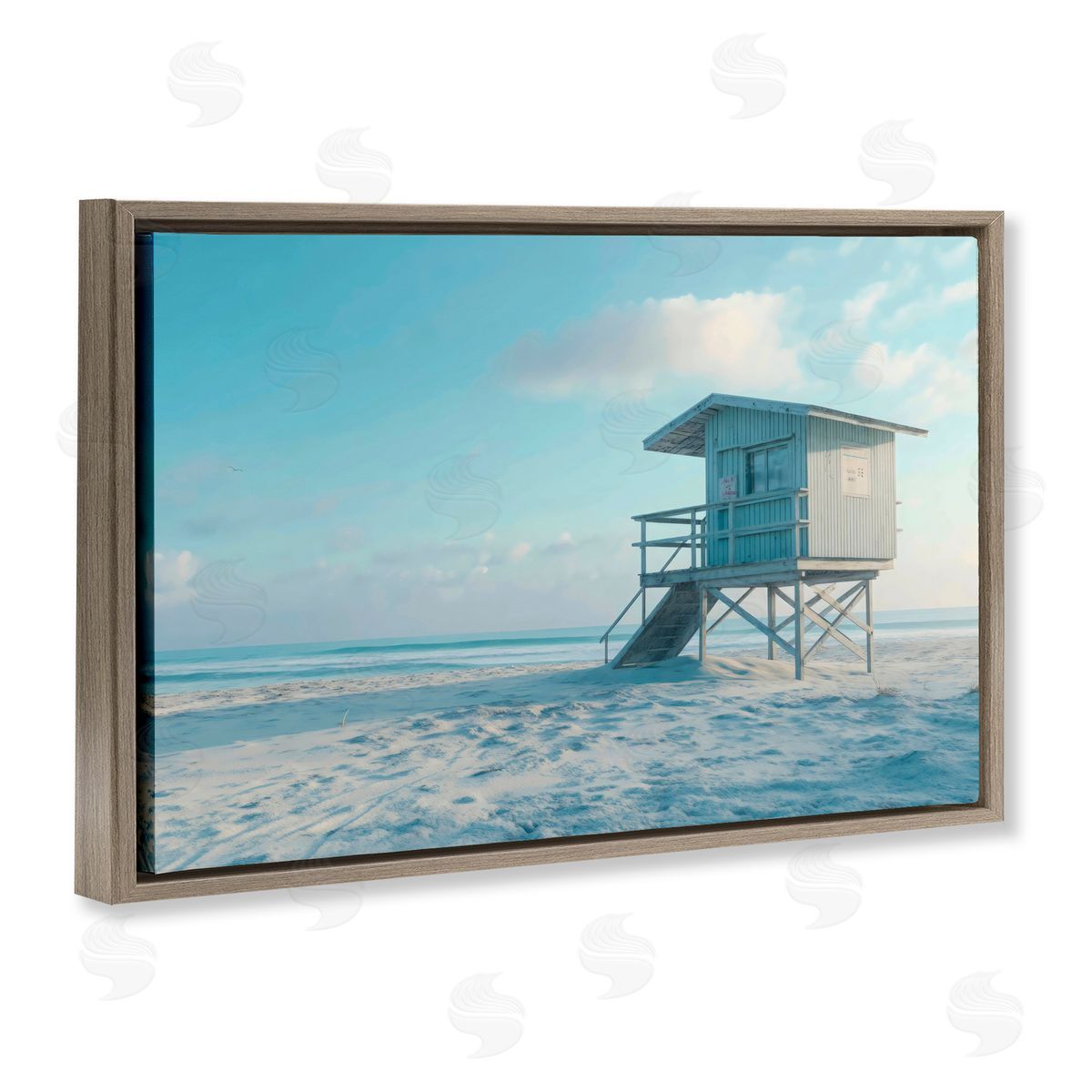 LSR Design Studio Blue And White Beach Scene Brown Floating Frame Canvas Art Print