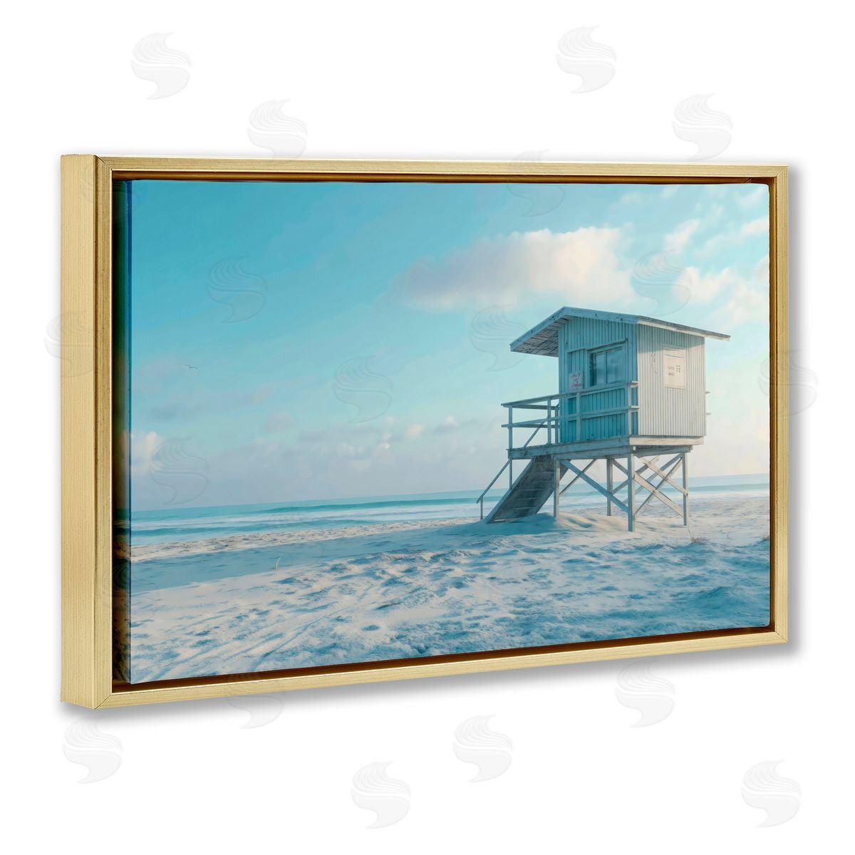 LSR Design Studio Blue And White Beach Scene Gold Floating Frame Canvas Art Print