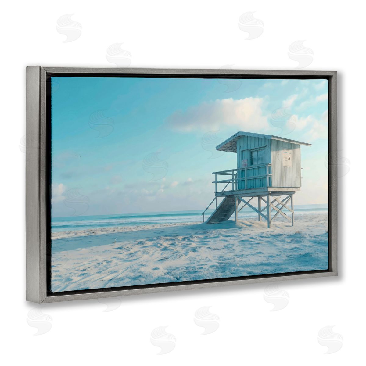 LSR Design Studio Blue And White Beach Scene Gray Floating Frame Canvas Art Print
