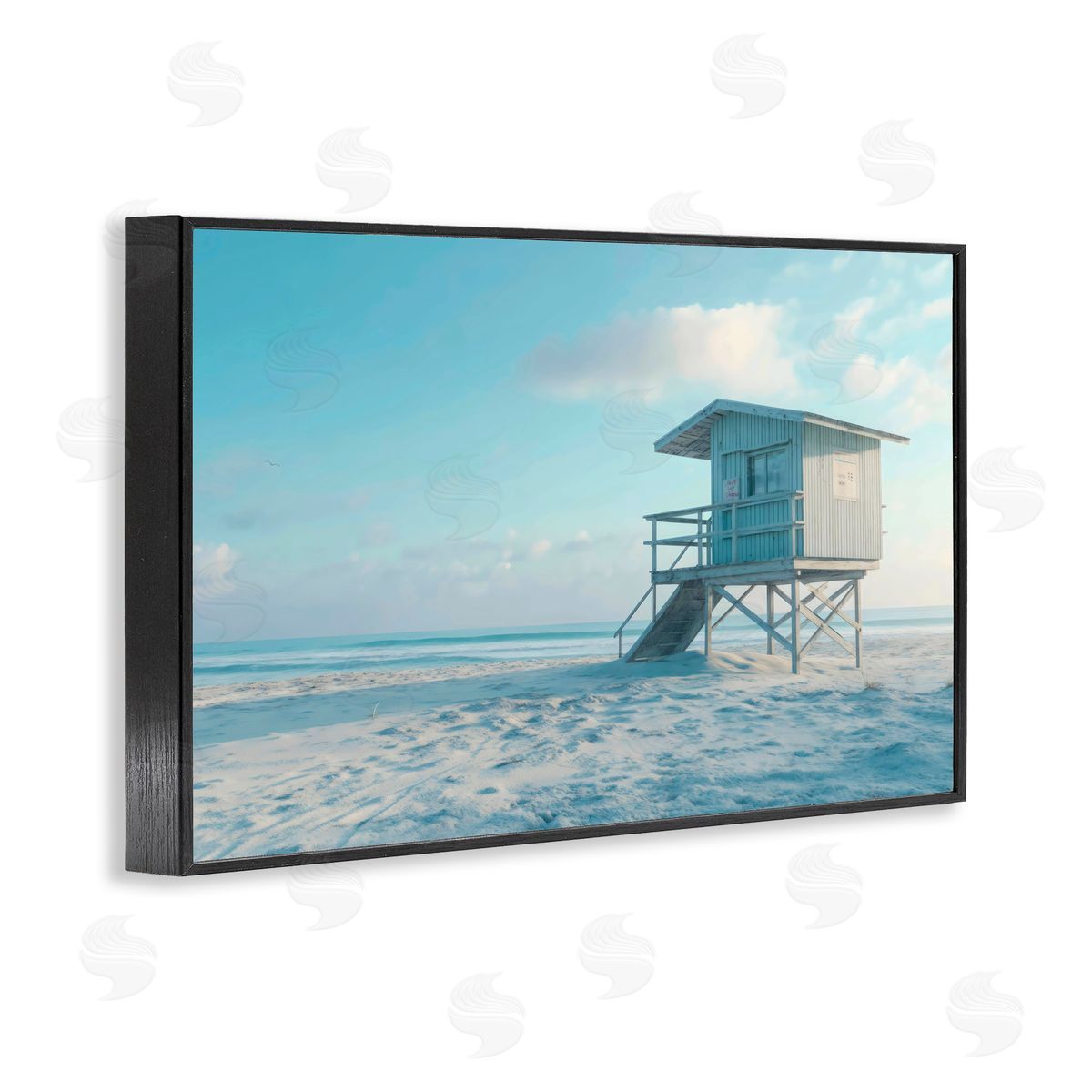 LSR Design Studio Blue And White Beach Scene Black Framed Giclee Art Print
