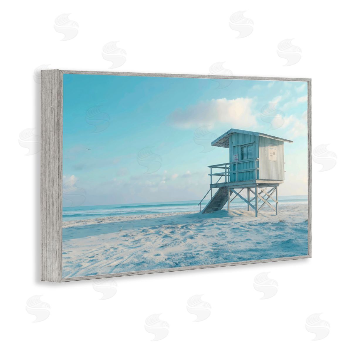 LSR Design Studio Blue And White Beach Scene Gray Framed Giclee Art Print