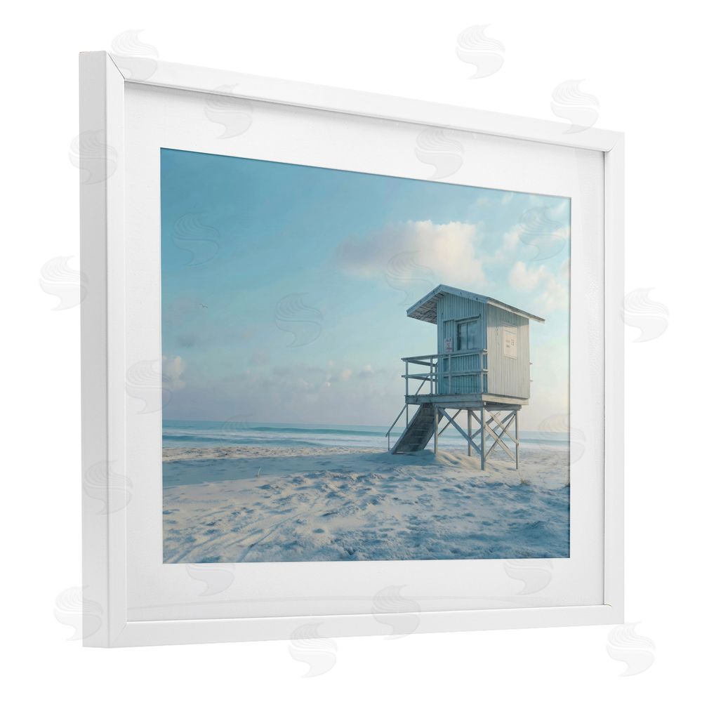 LSR Design Studio Blue And White Beach Scene White Framed Print Under Glass Art