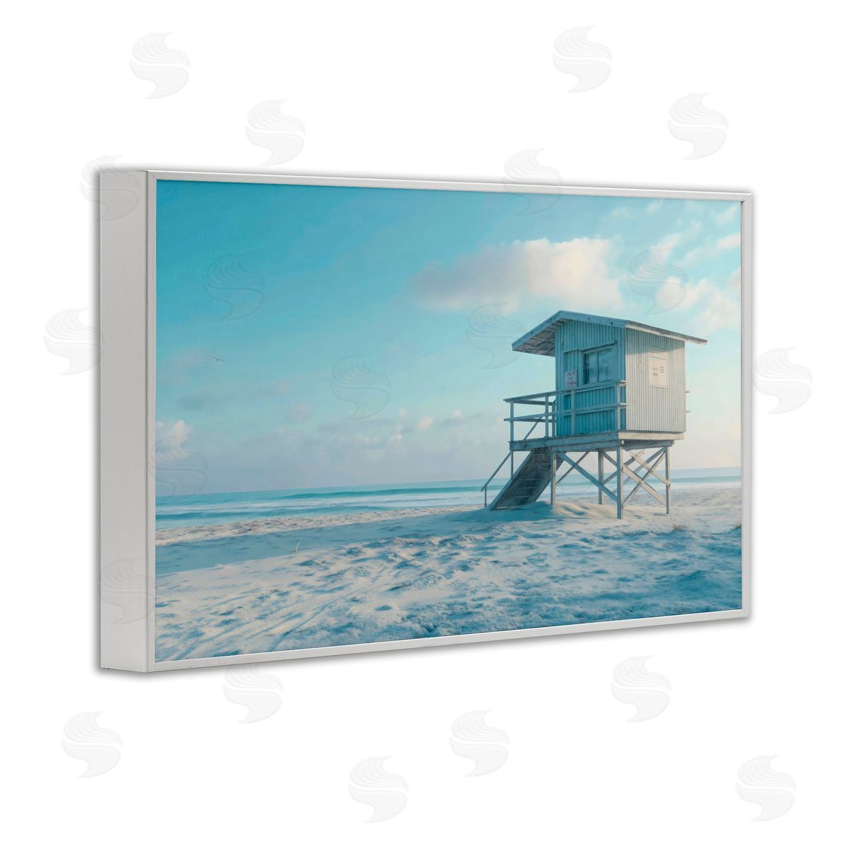 LSR Design Studio Blue And White Beach Scene White Frame Giclee Art Print