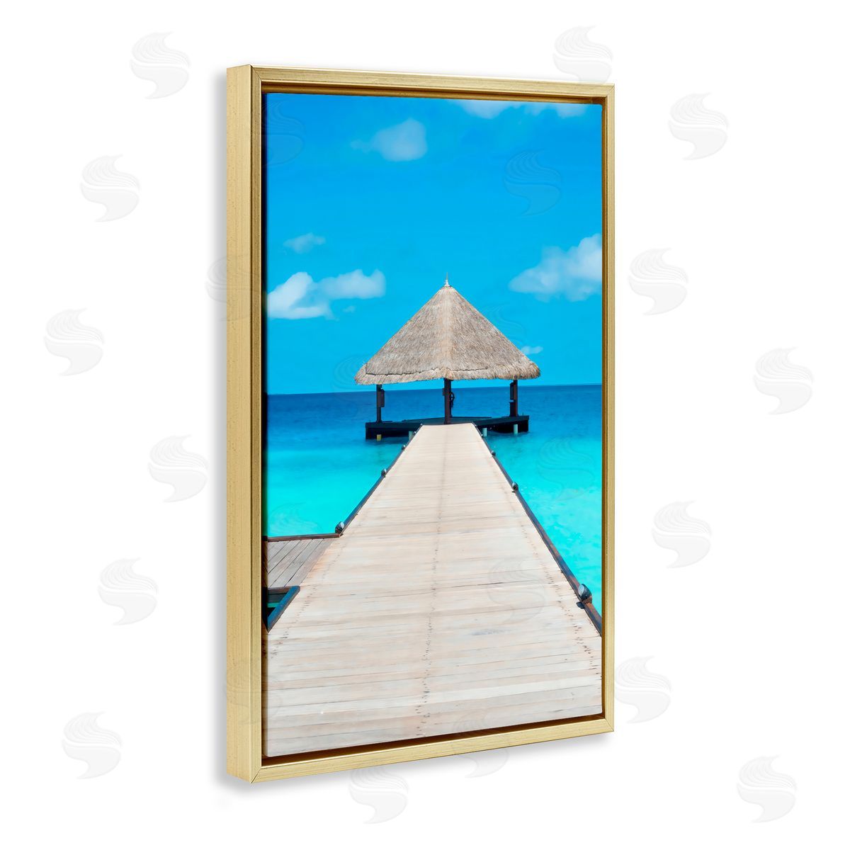 LSR Design Studio On The Water Tropical Jetty Gold Floating Frame Canvas Art Print