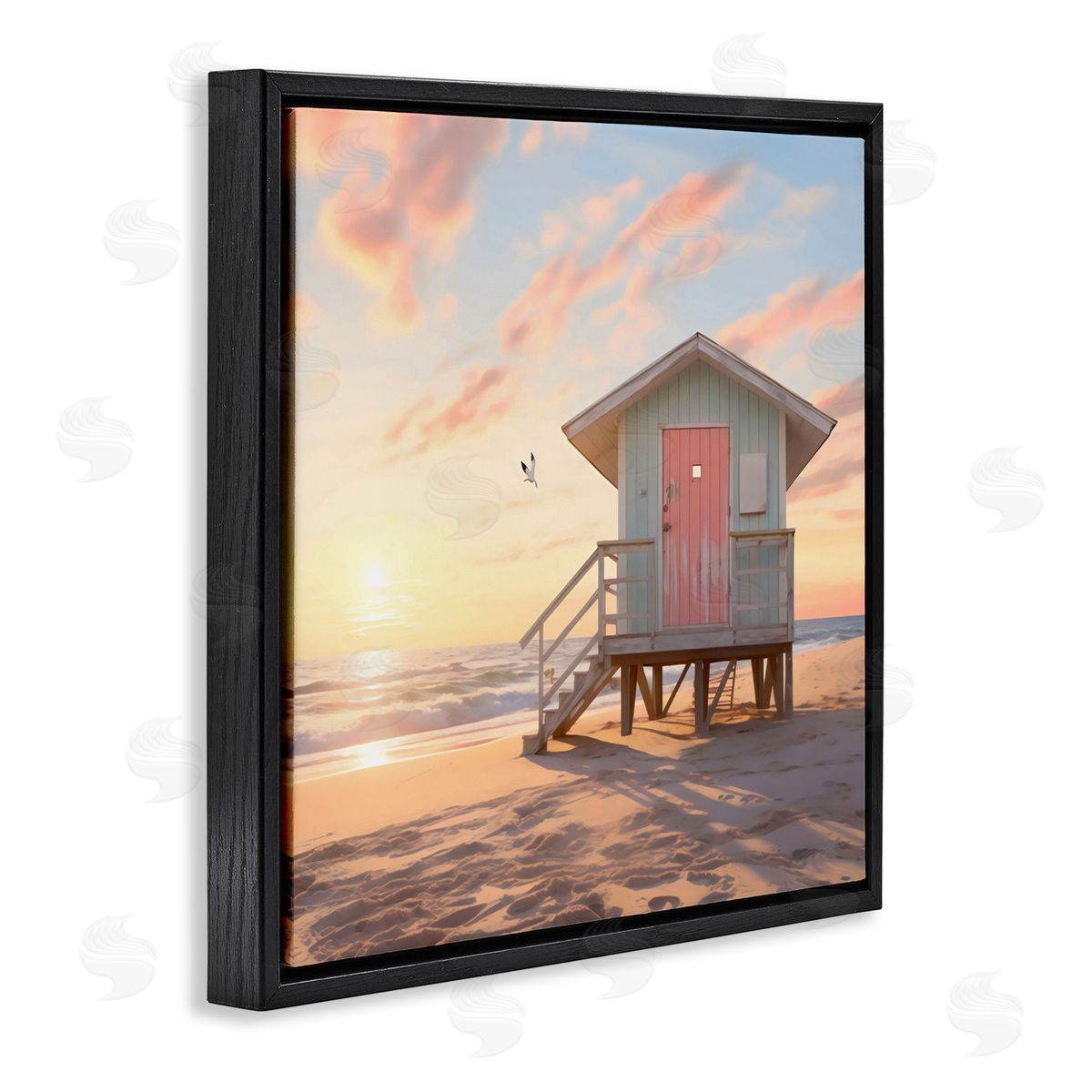 LSR Design Studio Pink Door Beach Hut Black Floating Frame Canvas Wall Art Print