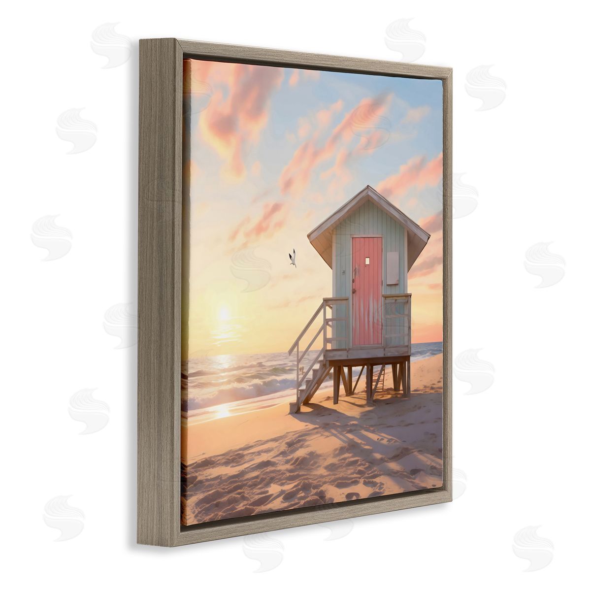 LSR Design Studio Pink Door Beach Hut Brown Floating Frame Canvas Art Print