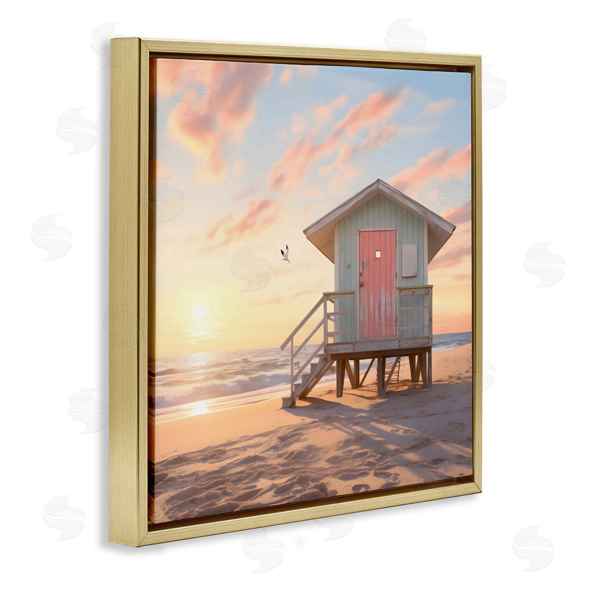 LSR Design Studio Pink Door Beach Hut Gold Floating Frame Canvas Art Print