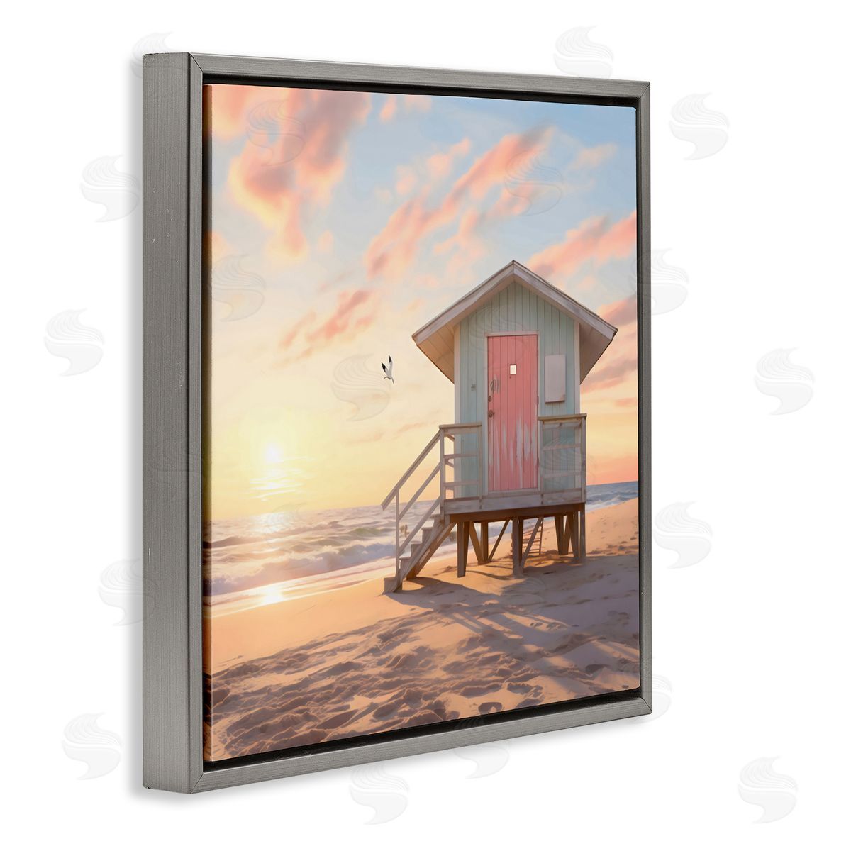 LSR Design Studio Pink Door Beach Hut Gray Floating Frame Canvas Art Print