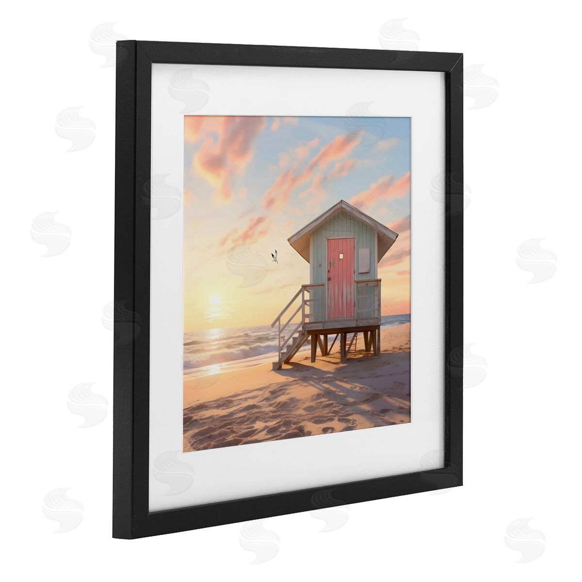LSR Design Studio Pink Door Beach Hut Black Framed Print Under Glass Art