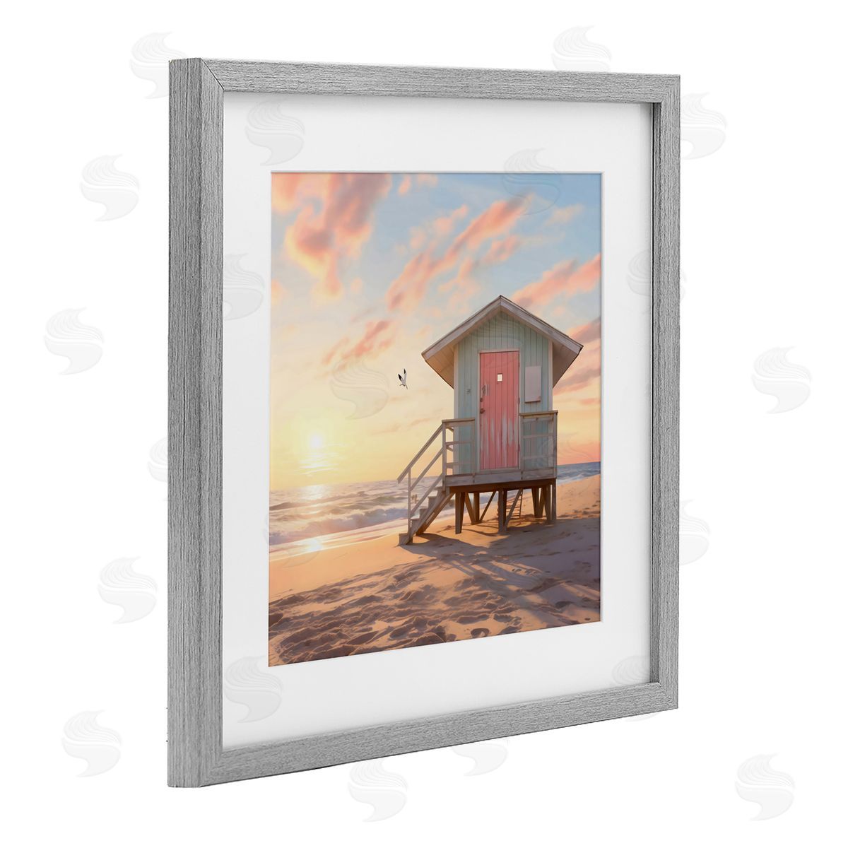 LSR Design Studio Pink Door Beach Hut Gray Framed Print Under Glass Art