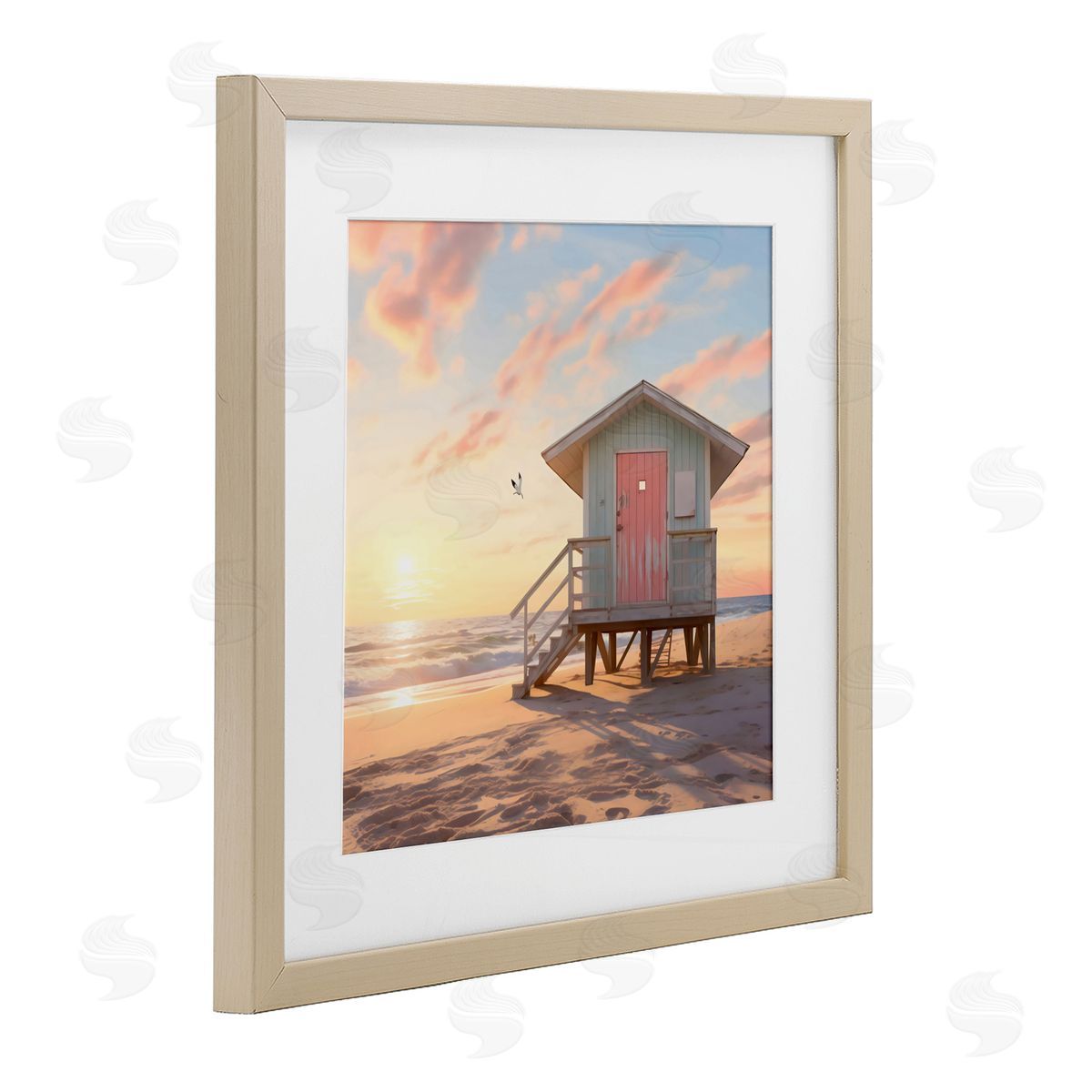 LSR Design Studio Pink Door Beach Hut Birch Framed Print Under Glass Art