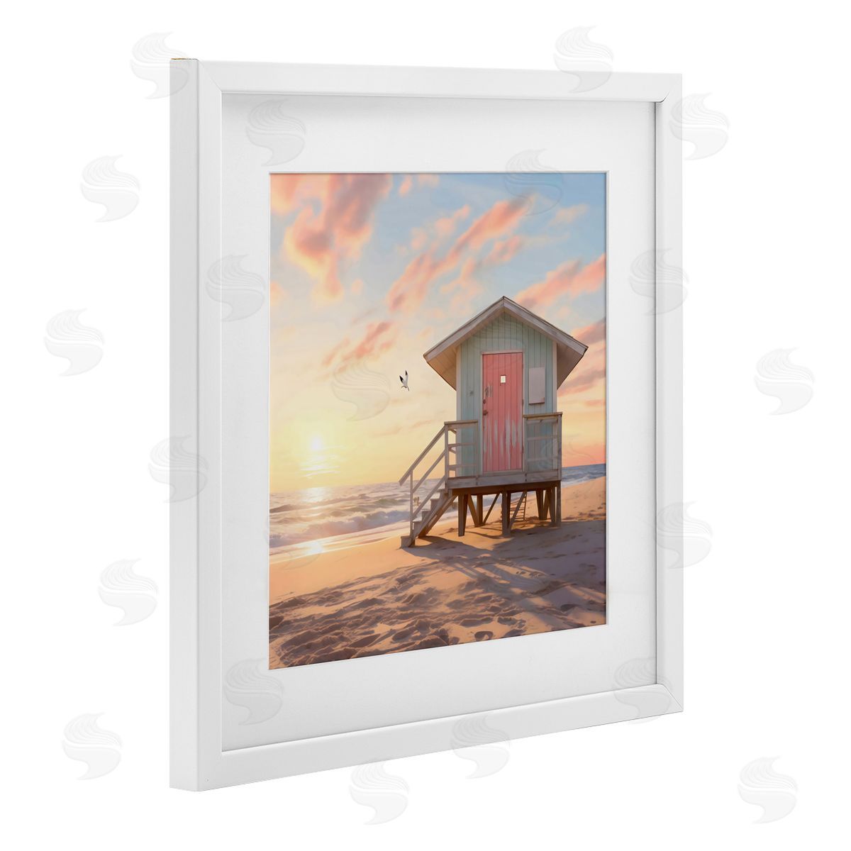LSR Design Studio Pink Door Beach Hut White Framed Print Under Glass Art