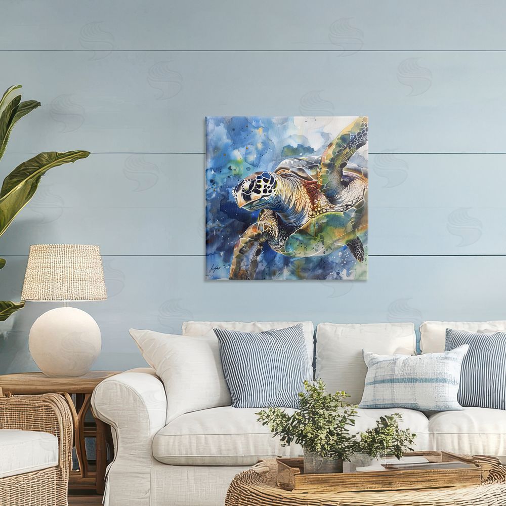 Creative Studio Watercolor Splatter Sea Turtle Printed Wall Art in Room