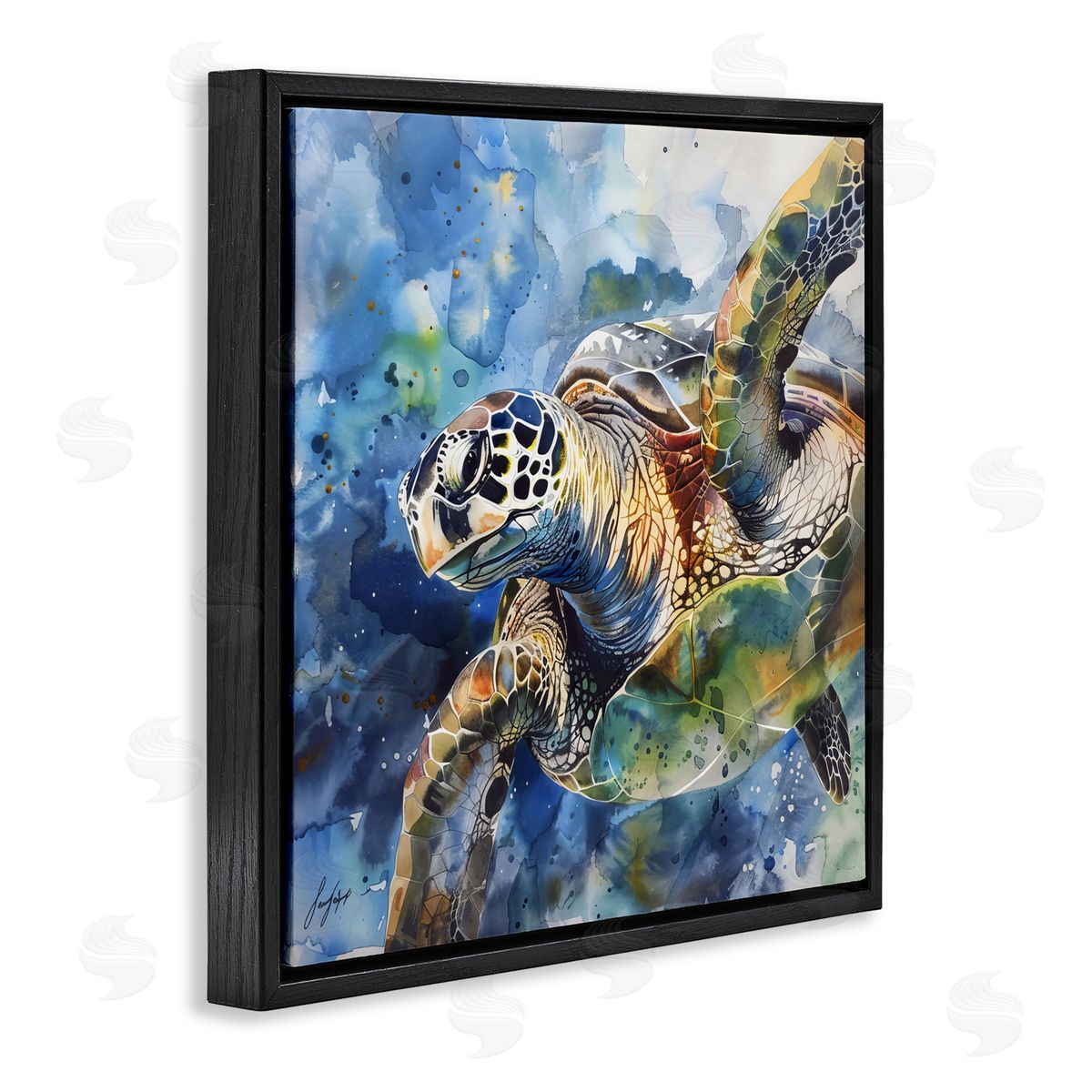 Creative Studio Watercolor Splatter Sea Turtle Black Floating Frame Canvas Wall Art Print