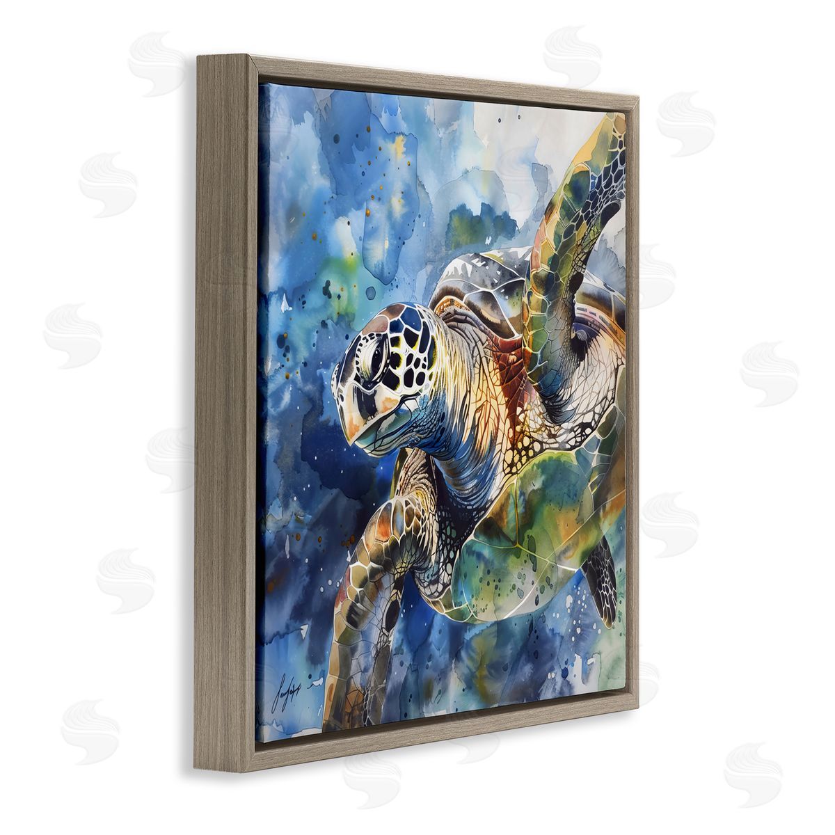 Creative Studio Watercolor Splatter Sea Turtle Brown Floating Frame Canvas Art Print