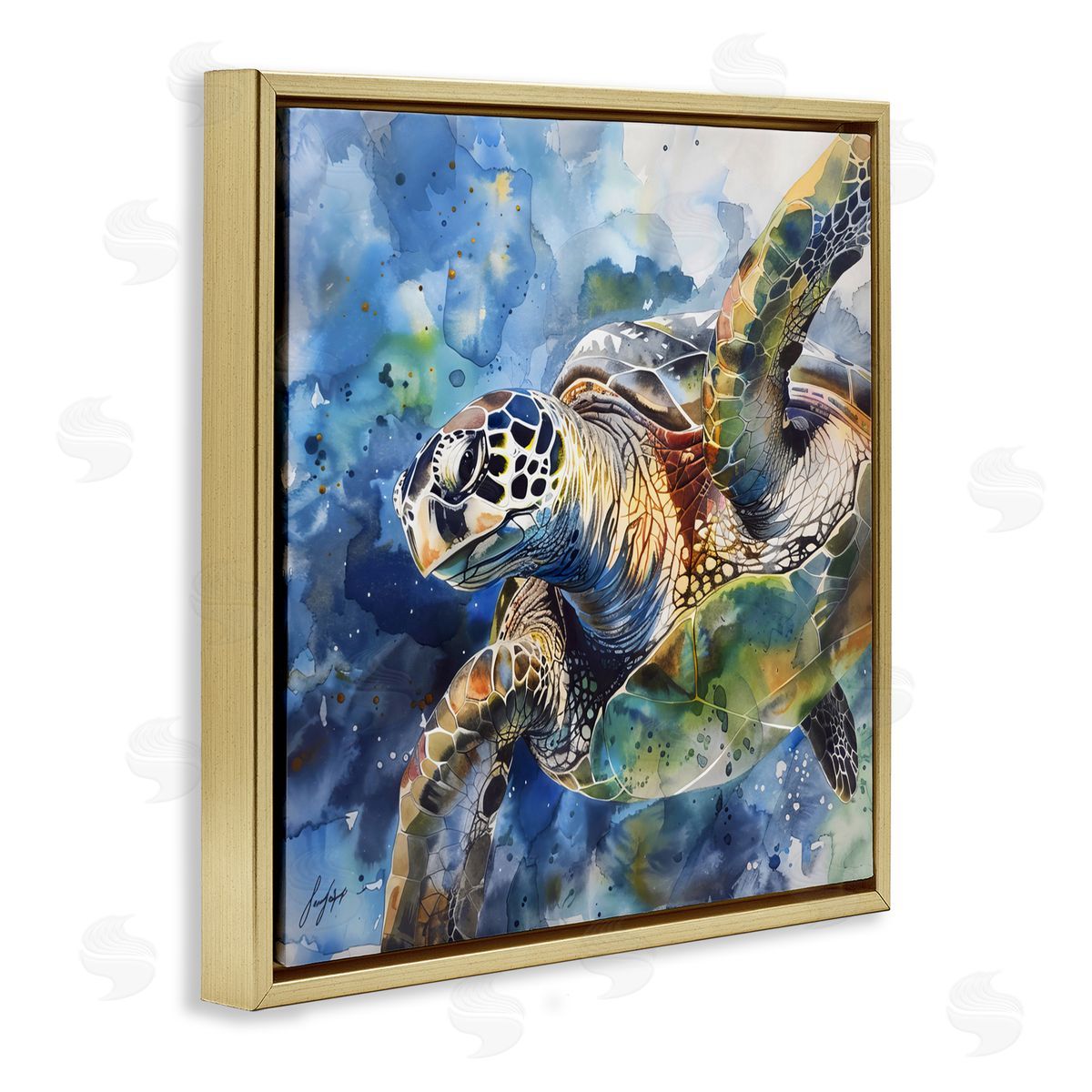 Creative Studio Watercolor Splatter Sea Turtle Gold Floating Frame Canvas Art Print