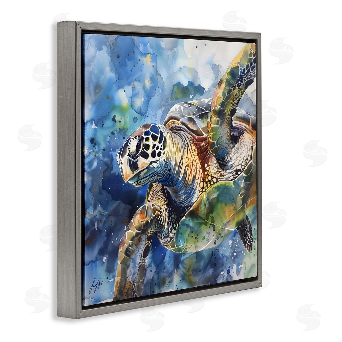 Creative Studio Watercolor Splatter Sea Turtle Gray Floating Frame Canvas Art Print