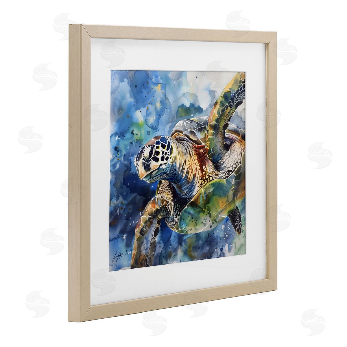 Creative Studio Watercolor Splatter Sea Turtle Birch Framed Print Under Glass Art
