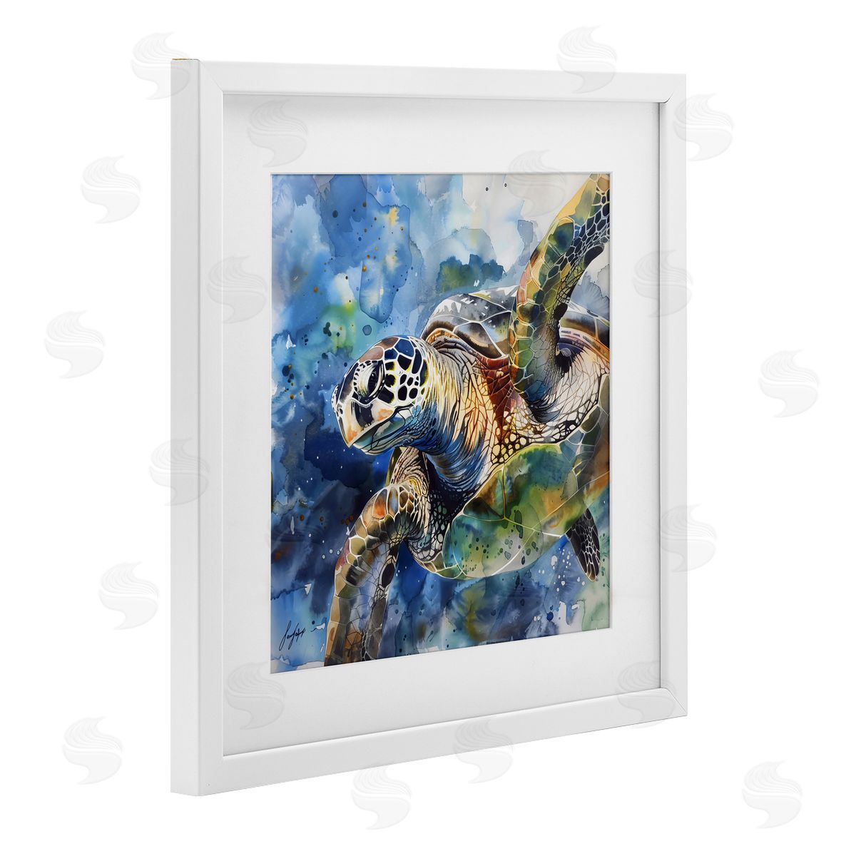 Creative Studio Watercolor Splatter Sea Turtle White Framed Print Under Glass Art