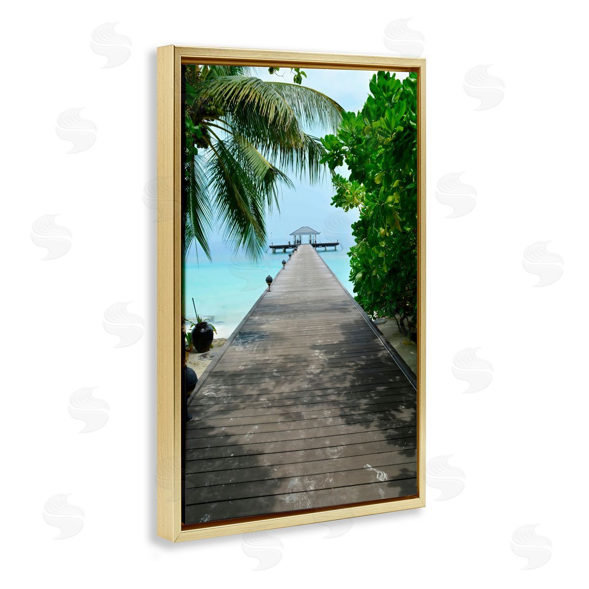 LSR Design Studio Palm Tree Shaded Dock Gold Floating Frame Canvas Art Print