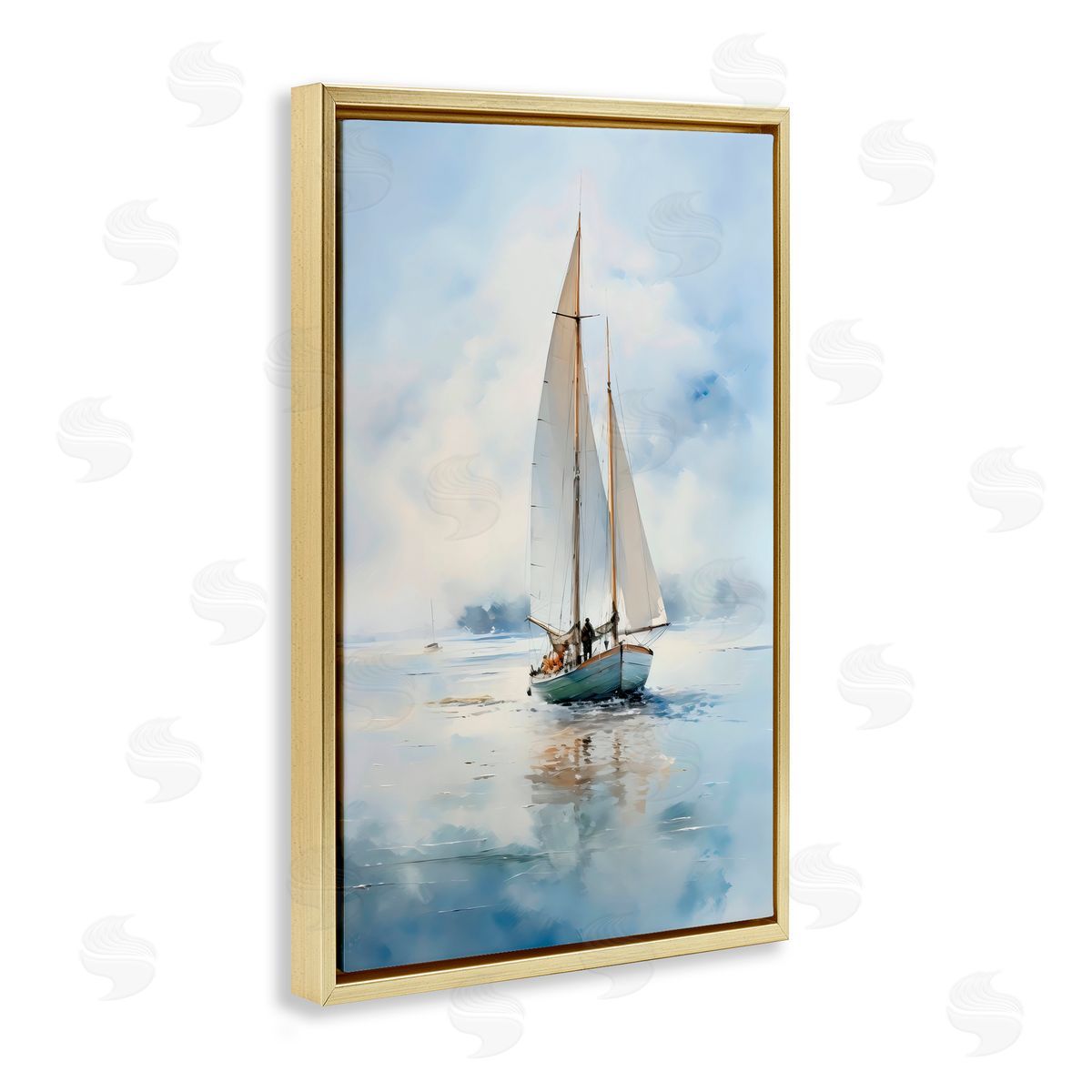LSR Design Studio Clouded Ocean Waves Sailboat Gold Floating Frame Canvas Art Print