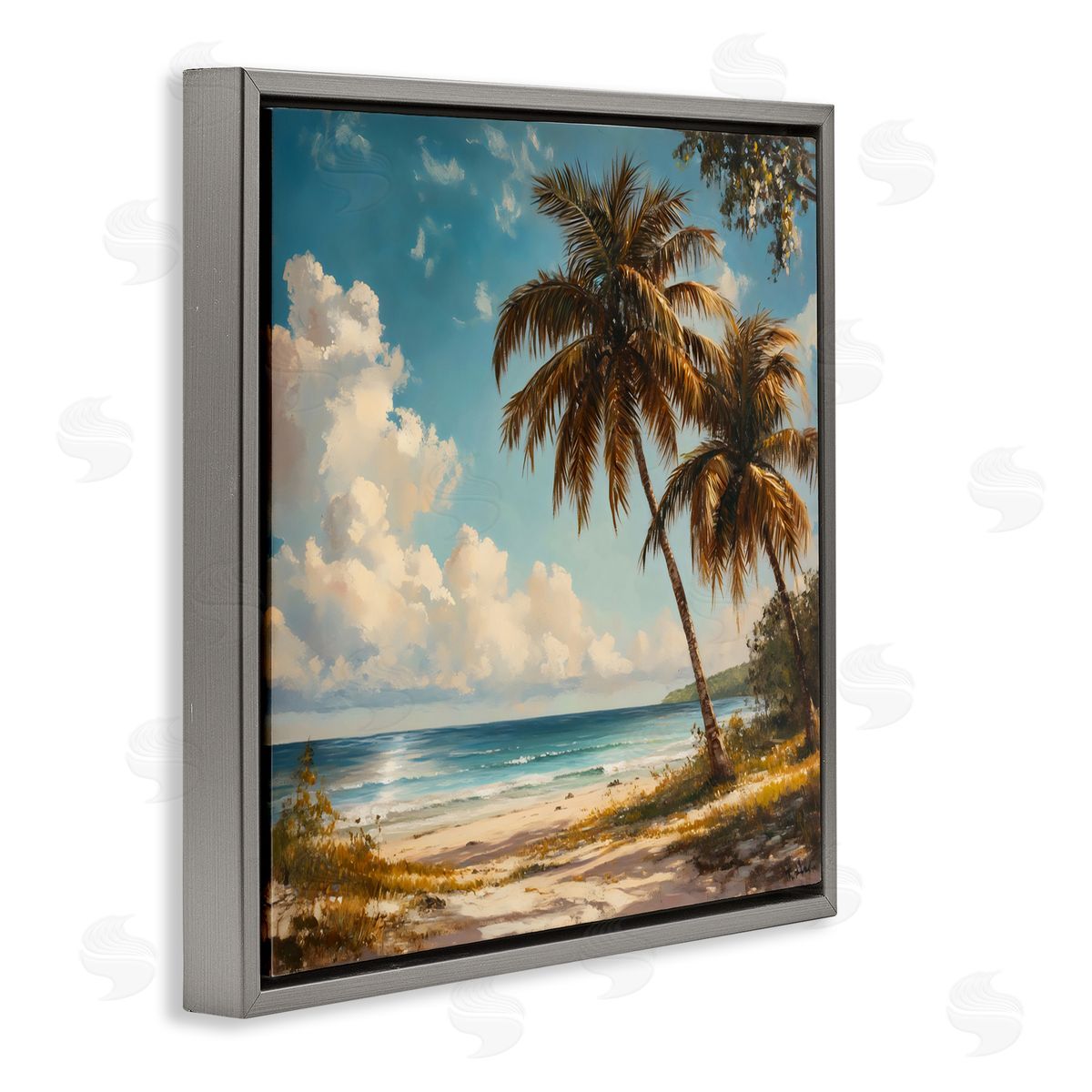 Creative Studio Summer Beach Palms & Clouds Gray Floating Frame Canvas Art Print
