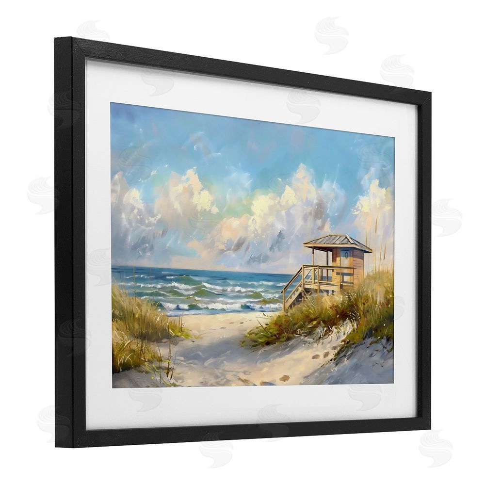 LSR Design Studio Beach Overlook Lifeguard Hut Black Framed Print Under Glass Art