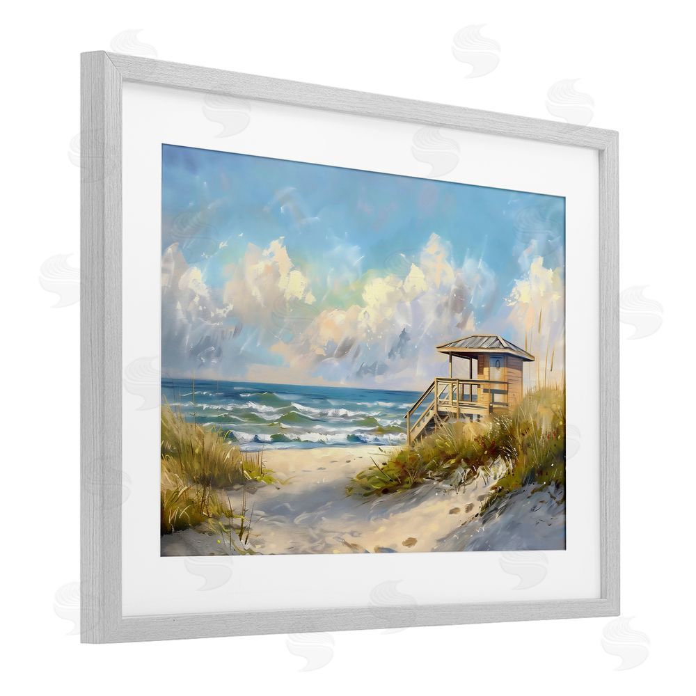 LSR Design Studio Beach Overlook Lifeguard Hut Gray Framed Print Under Glass Art