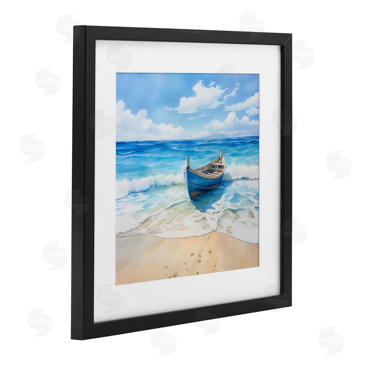 LSR Design Studio Beach Boat Tied on Shore Black Framed Print Under Glass Art
