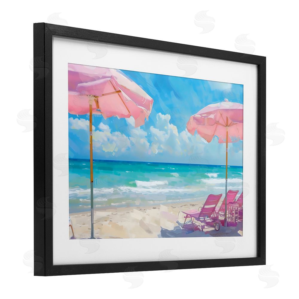 LSR Design Studio Pink Paradise Beach Umbrellas Black Framed Print Under Glass Art