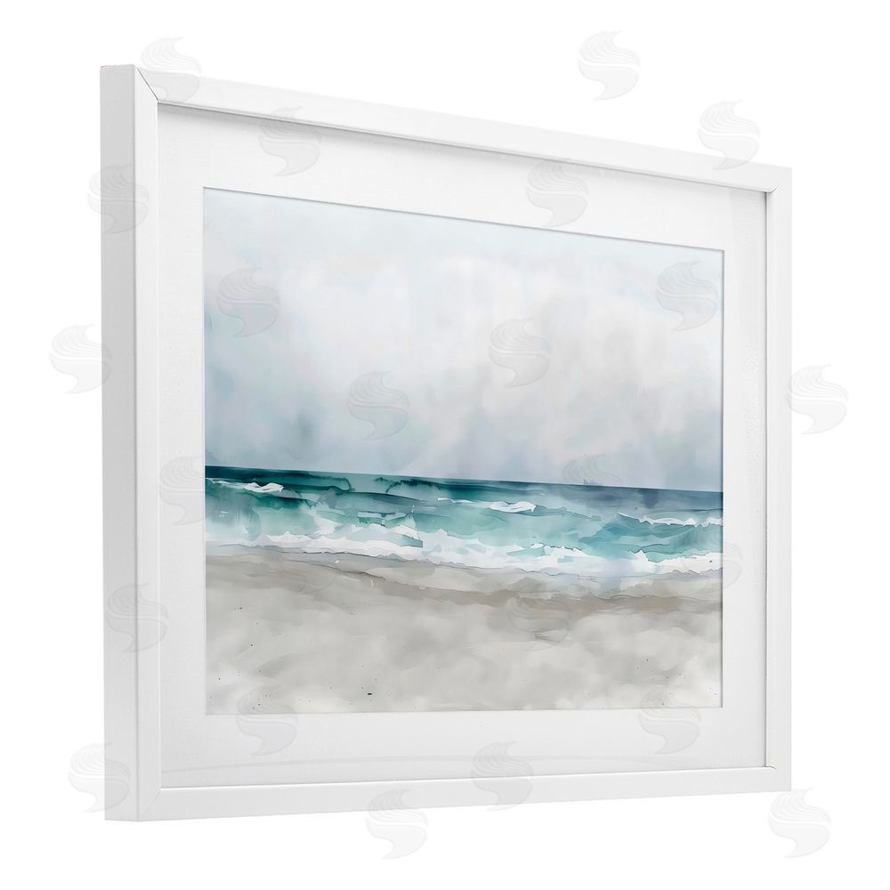 LSR Design Studio Abstract Watercolor Aqua Beach White Framed Print Under Glass Art
