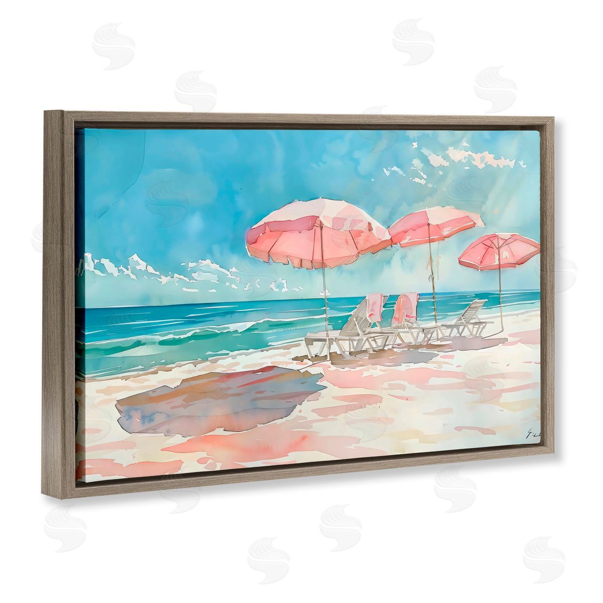LSR Design Studio Pastel Pink Watercolor Beach Brown Floating Frame Canvas Art Print