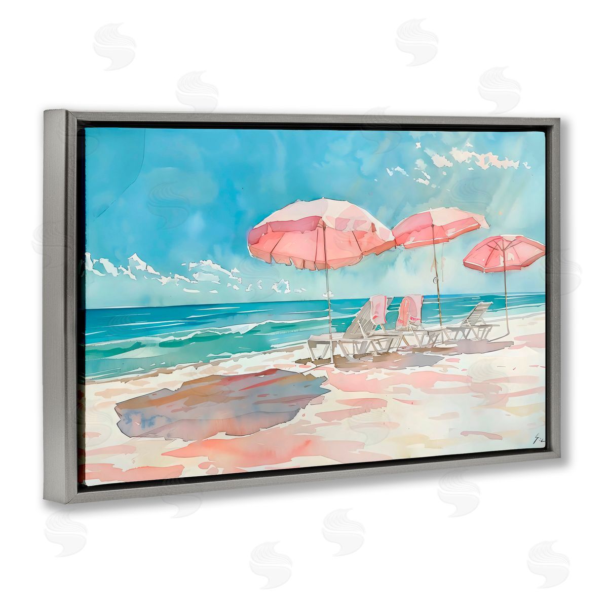 LSR Design Studio Pastel Pink Watercolor Beach Gray Floating Frame Canvas Art Print