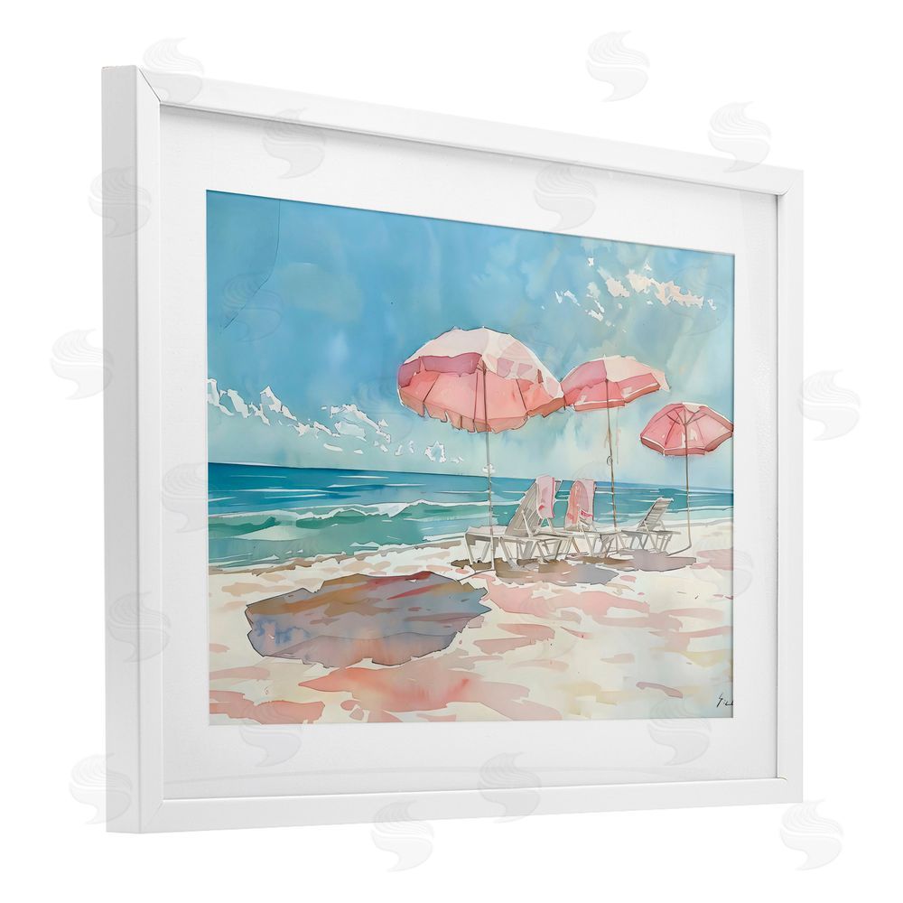 LSR Design Studio Pastel Pink Watercolor Beach White Framed Print Under Glass Art