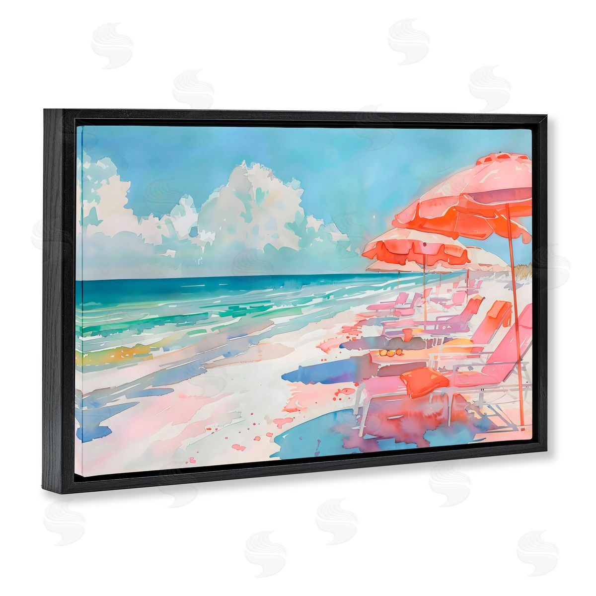LSR Design Studio Peach Beach Relaxing Chairs Black Floating Frame Canvas Wall Art Print