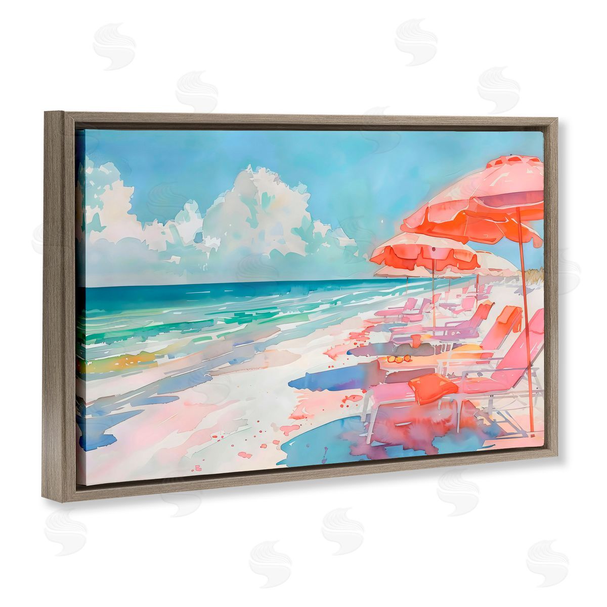 LSR Design Studio Peach Beach Relaxing Chairs Brown Floating Frame Canvas Art Print