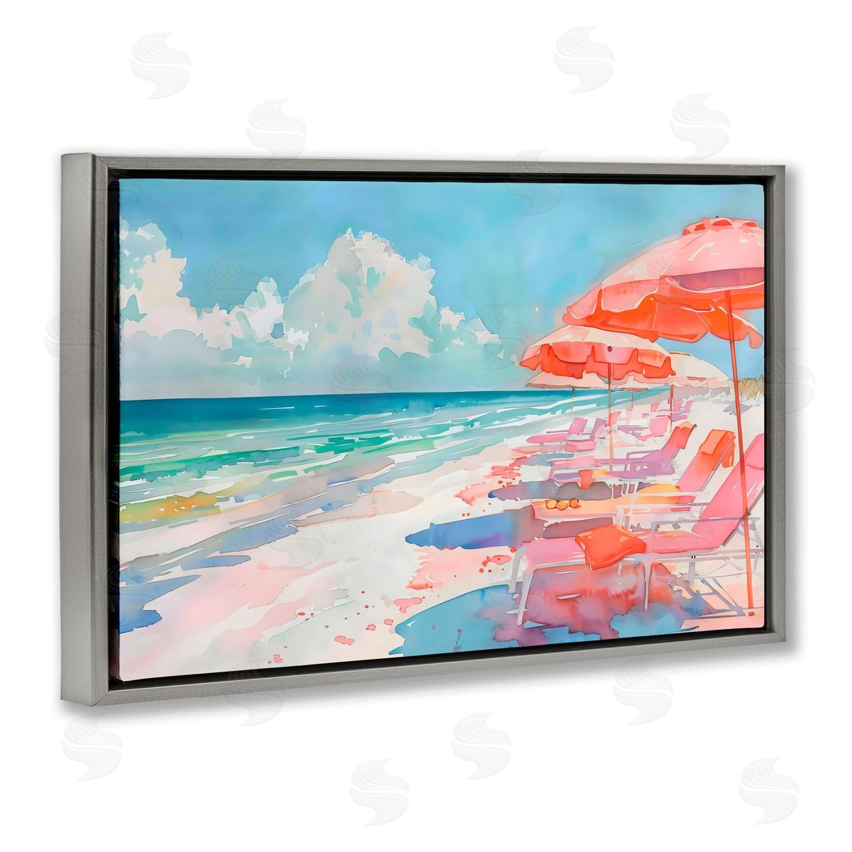 LSR Design Studio Peach Beach Relaxing Chairs Gray Floating Frame Canvas Art Print
