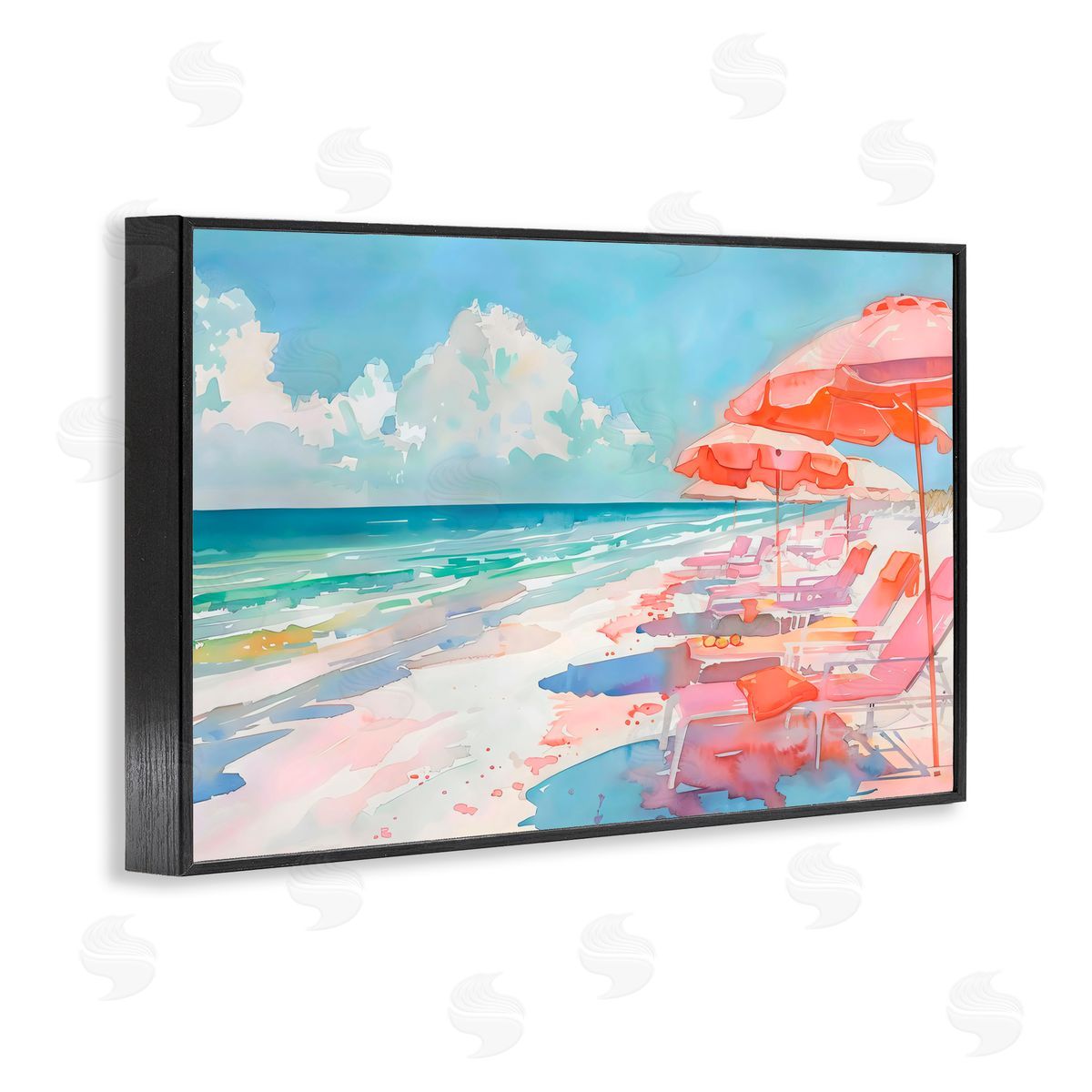 LSR Design Studio Peach Beach Relaxing Chairs Black Framed Giclee Art Print