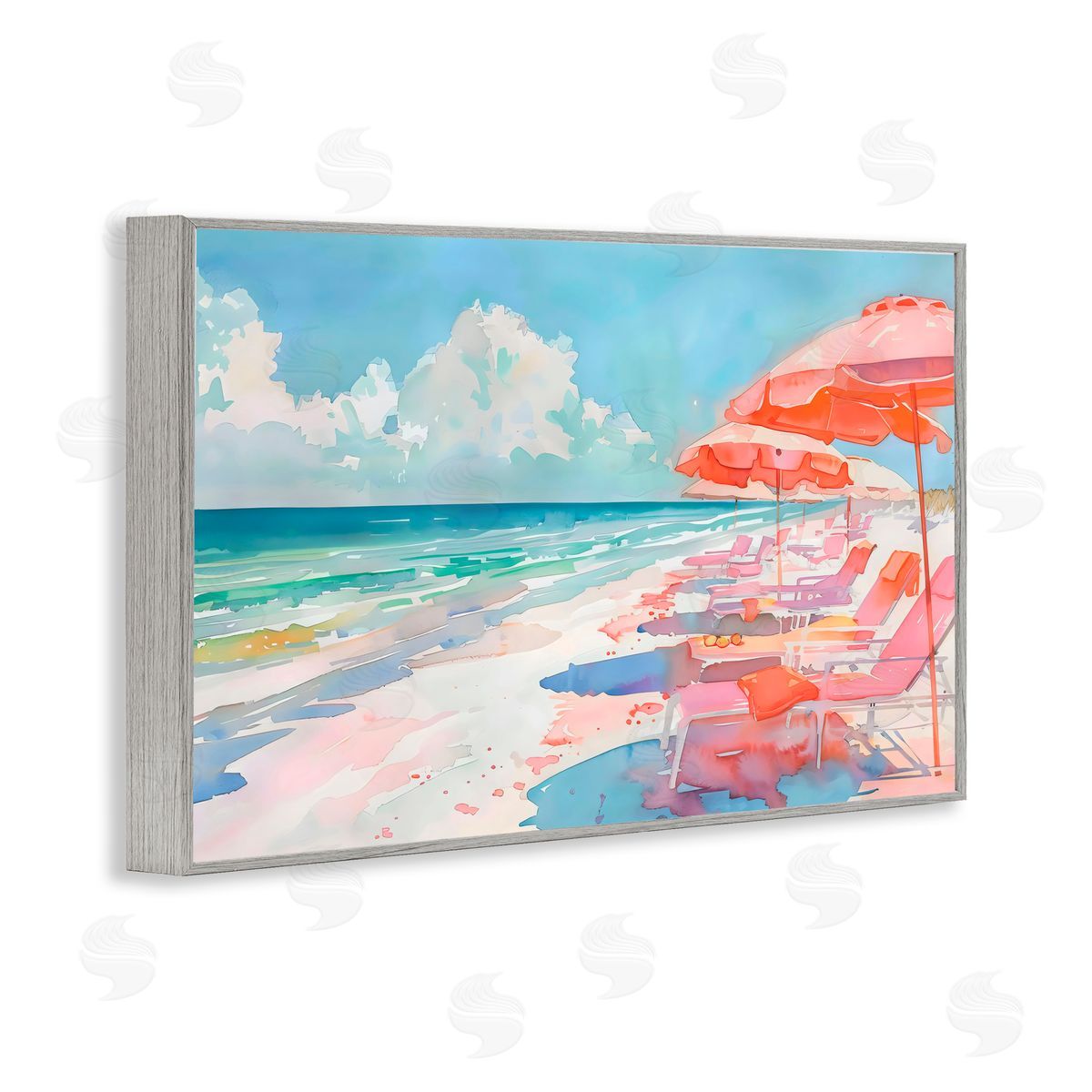 LSR Design Studio Peach Beach Relaxing Chairs Gray Framed Giclee Art Print